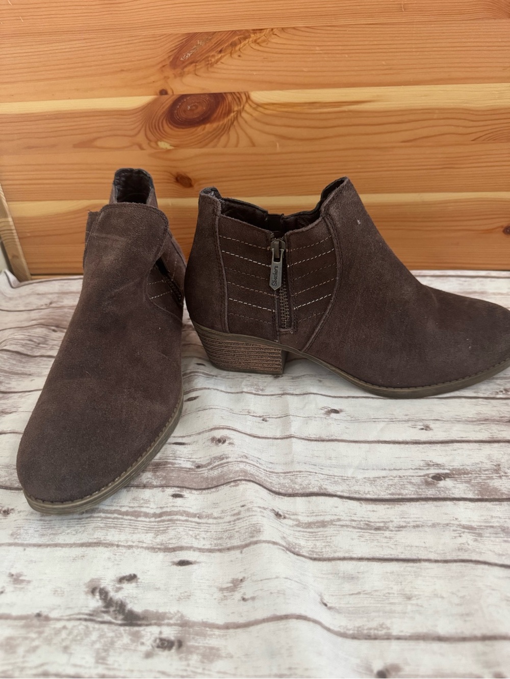 Skechers Dark Brown Suede Ankle Booties with Side Zip